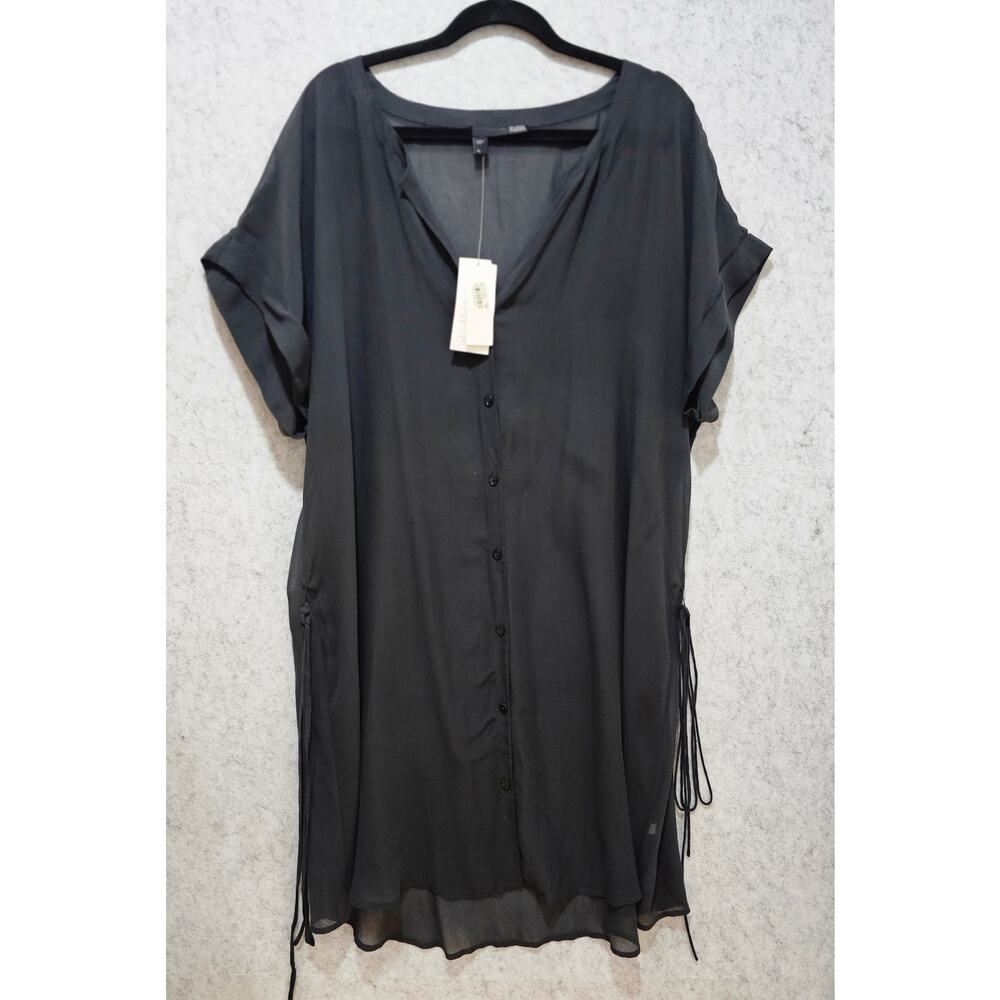 Eileen Fisher 100% Silk Shirt  Georgette Sheer Long Graphite Button, New, Sz XL